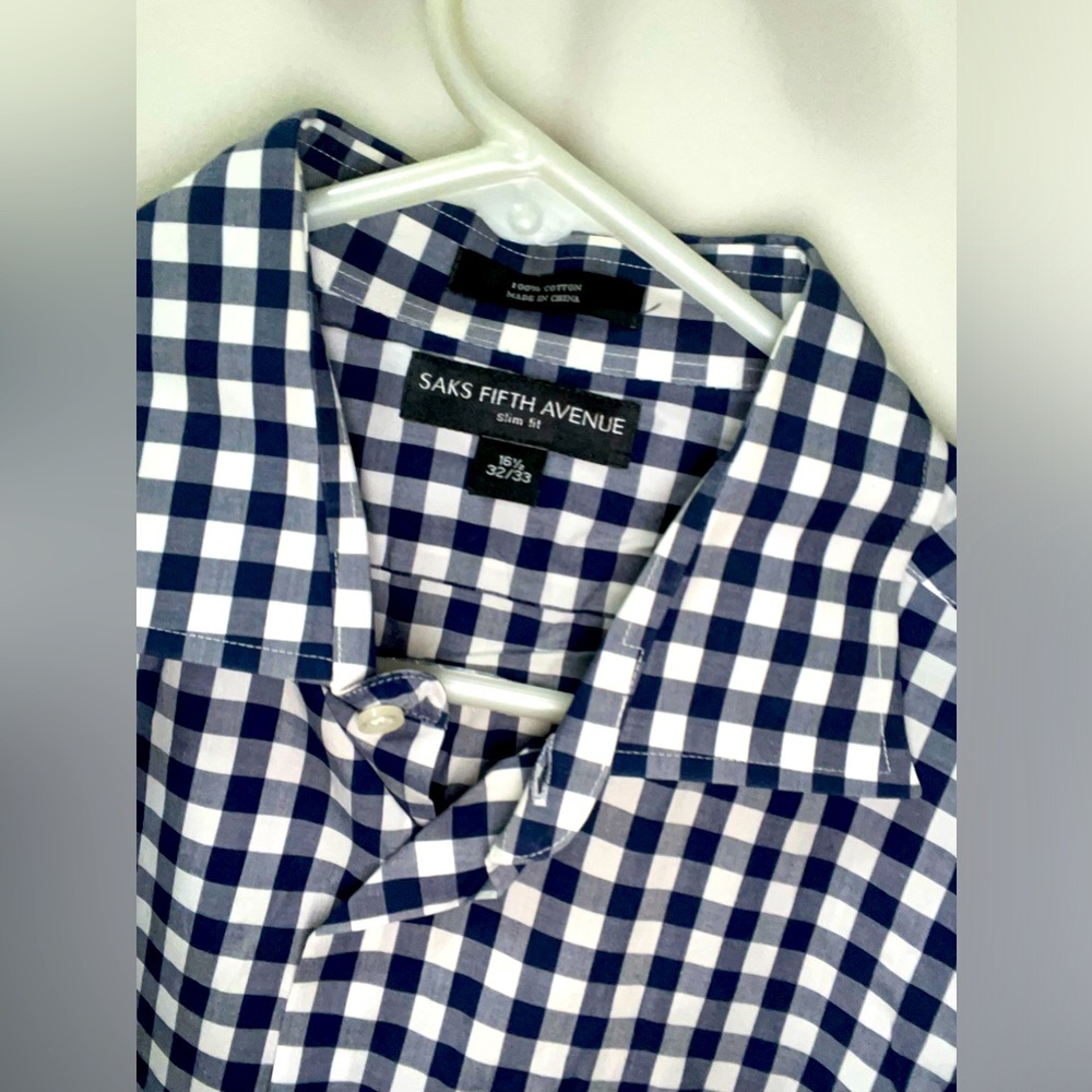 Saks Fifth Avenue blue and white gingham checked button down shirt holiday party